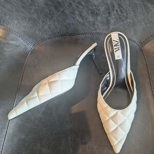 Zara White Quilted Heeled Mules